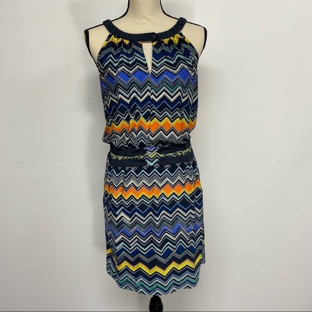 BCBG MaxAzria Black Blue Orange Chevron Day Sleeveless Summer Sheath Dress Sz S